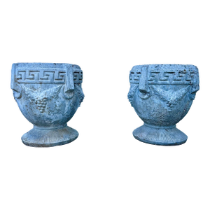Pair of Antique Greek Key Grape Motif Garden Urns/ Planters, Circa 1920