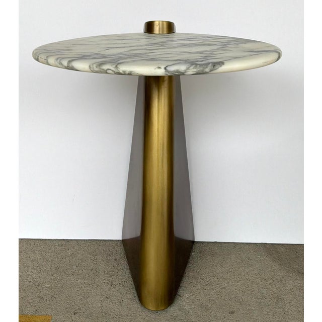 Original retail $1182, stylish Revelation Modern Arabescato Strum Cantilever Accent Table, white and gray marble top,...