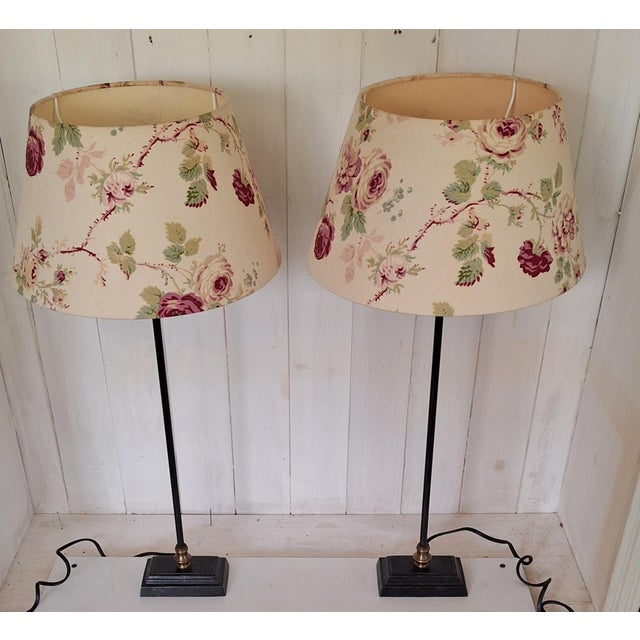 Vintage Table Lamps with Black Metal Base and Beige Patterned Fabric Shade, 2000s, Set of 2 For Sale - Image 4 of 8