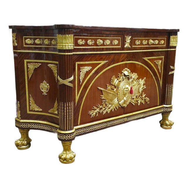 1960s French Empire Style Ormolu-Mounted Commode with Marble Top Neoclassical Luxury Chest For Sale