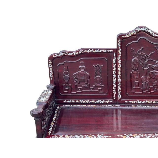 Chinese Red Rosewood & Mother of Pearl Bench For Sale In San Francisco - Image 6 of 12