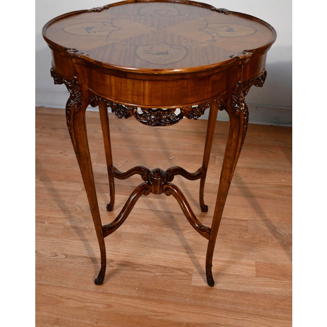 Wood 1920s Antique French Louis XV Satinwood Inlaid Pair of Side Tables / End Tables For Sale - Image 7 of 18