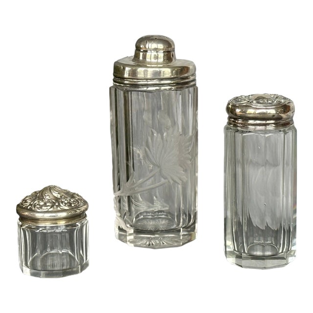 Antique Victorian - Edwardian Glass Vanity Jar Set With Sterling Silver Lids For Sale