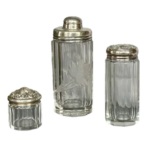 Antique Victorian - Edwardian Glass Vanity Jar Set With Sterling Silver Lids