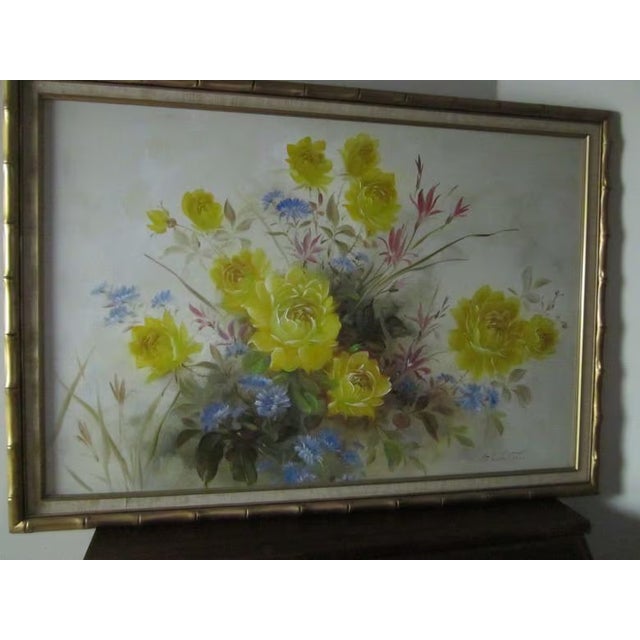 1980s Gold Frame Art Hanging Picture Home Decor Yellow and Blue Flowers For Sale In Naples, FL - Image 6 of 7