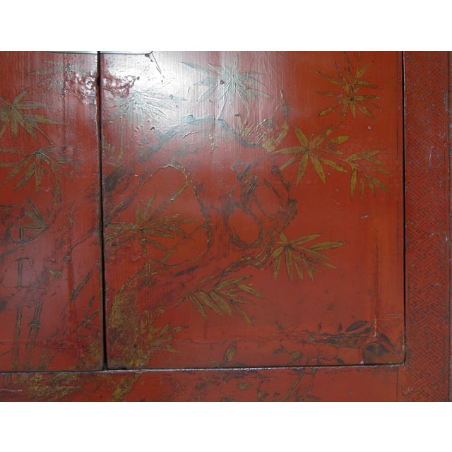 Red Chinoiserie-Style Hand-Painted Elm Cabinet For Sale - Image 8 of 14