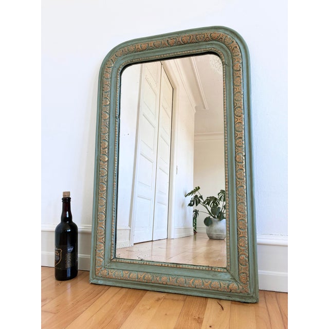 Wood Large Antique French Louis Philippe Mirror – Green and Gold, Late 19th Century For Sale - Image 7 of 10
