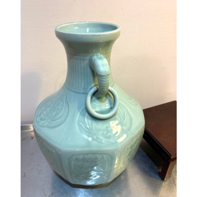 Early 20th Century Chinese Celadon Porcelain Elephant Head Vase W/ Wood Stand For Sale - Image 5 of 7
