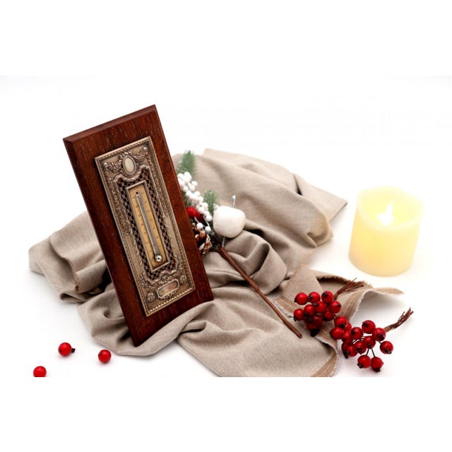 Cut-Out Silver Thermometer with Monogram Card and Wooden Base, in Good conditions.