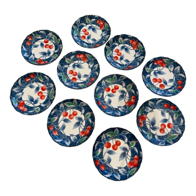Late 20th Century Set of 10 Vintage Salad/Dessert Plates Featuring a Red Cherry Pattern For Sale