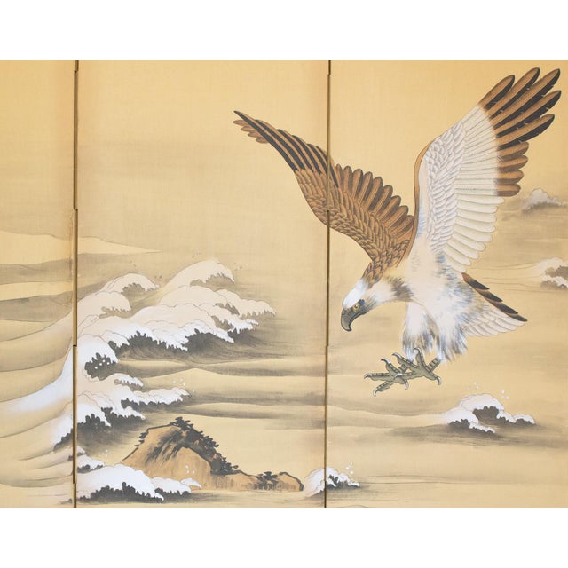 1980s C. 1970s Painted Chinese Silk Screen "Bald Eagle" For Sale - Image 5 of 18