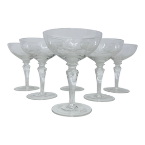 Vintage 1950s Leaf Etched Champagne Coupe Stems, Set of 6
