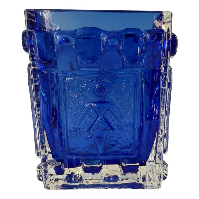 Cobalt Blue Pressed Glass Vase by Josef Schott for Smålandshyttan, Sweden, 1960s For Sale
