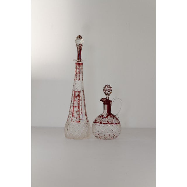 Bohemian Crystal Ruby Decanters with Wine Leaves, 1920s, Set of 2 For Sale - Image 17 of 18