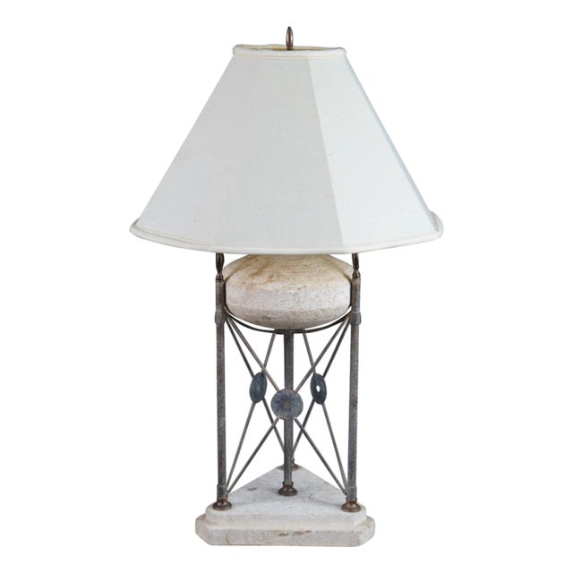 Vintage Neoclassical Directoire Style Travertine Stone & Iron Buffet Table Lamp For Sale