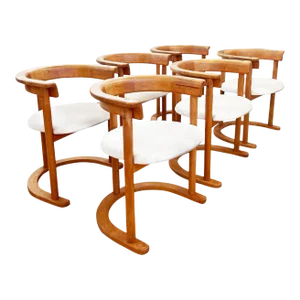 Round Post Modern 1980s Brutalist Mid-Century Modern Beech Dining Chairs, Set of 6