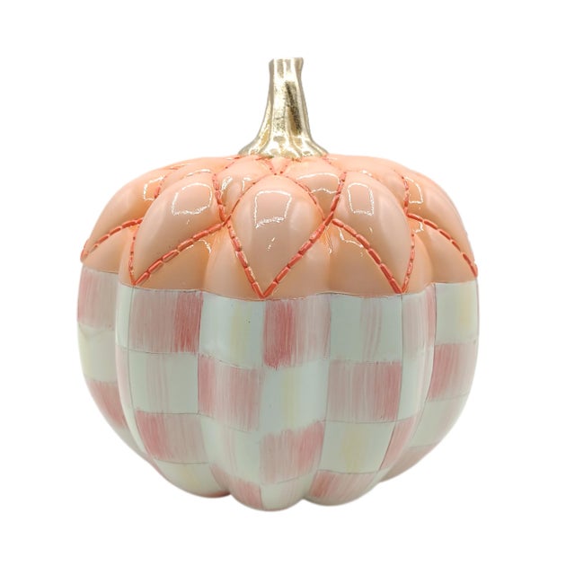 Indulge in this unique MacKenzie-Childs pumpkin patch decor with the large Rosy Check Fairytale Quilted Pumpkin. With...