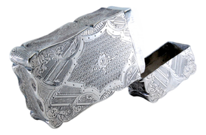 Guilloche Silver Cardboard Box with Engraved City Motifs and Wavy Border