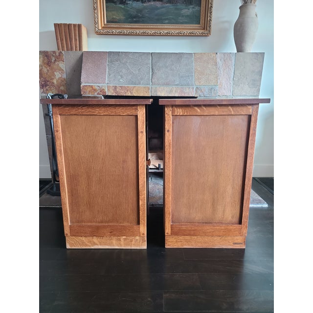 Mid 20th Century Stickley Style Oak Mission Nightstands (Pair) With Inlaid Gillot & Cie Tile For Sale - Image 5 of 13