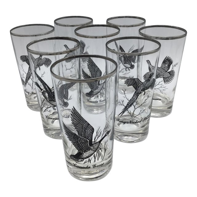 Vintage Federal Platinum Rim Game Bird/Sportsman Cocktail Glasses - Set of 8 For Sale