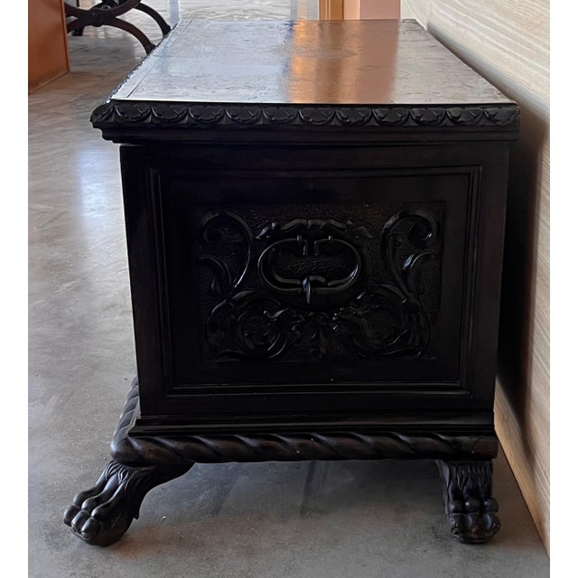 Early 19th Century 19th Century Spanish Carved Cassone Trunk with Original Hardware and Three Locks For Sale - Image 5 of 18