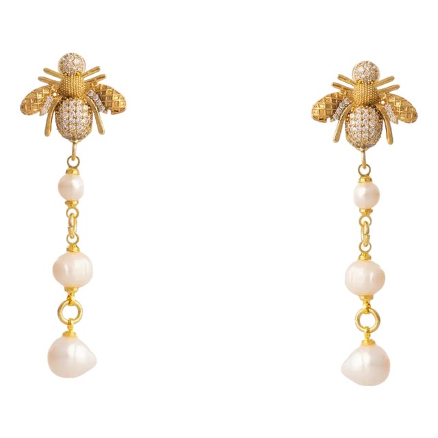 Queen Bee Pearl & Diamond Earrings, A Pair For Sale