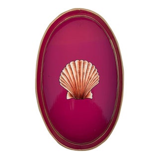 Les Ottomans Flora Scallop Shell Handpainted Iron Tray in Magenta For Sale