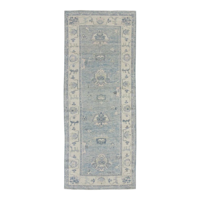Early 21st Century Blue Handwoven Turkish Oushak Runner 3'9" X 9'3" For Sale