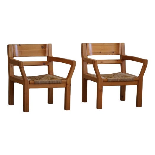 Set of Brutalist Modern Danish Chairs in Pine & Cord from Tage Poulsen, 1972 For Sale