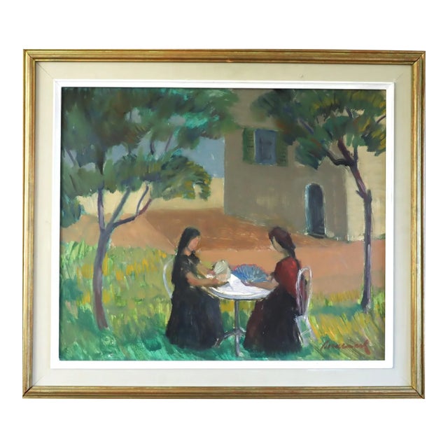 Mid-Century Modern 'Garden Gathering' Vintage Swedish Expressive Landscape Oil Painting, Framed For Sale