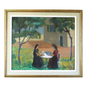 Mid-Century Modern 'Garden Gathering' Vintage Swedish Expressive Landscape Oil Painting, Framed