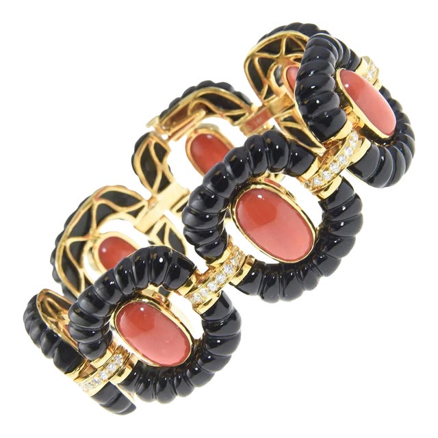 Dramatic Onyx Coral Diamond Gold Link Bracelet For Sale