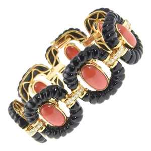 Dramatic Onyx Coral Diamond Gold Link Bracelet