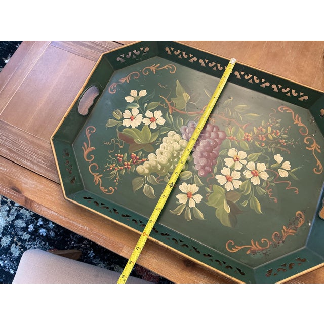 Vintage Hand-Painted Floral & Botanical Tôleware Octagonal Serving Tray With Reticulated Gallery For Sale In Chicago - Image 6 of 7