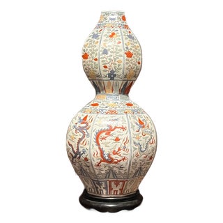 Vintage 23" Chinese Wucai Octagonal Double Gourd Dragon Vase Jiajing Mark For Sale