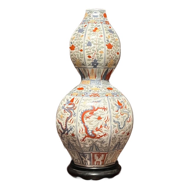 Vintage 23" Chinese Wucai Octagonal Double Gourd Dragon Vase Jiajing Mark For Sale