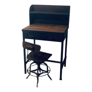 Restoration Hardware Industrial Reclaimed Elm and Metal Desk & Chair - Set of 2 For Sale