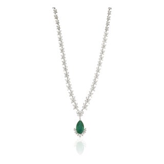 Art Deco Pear Drop 9.81ct Emerald & 12.19ct Diamond Designer Necklace in 14k White Gold For Sale