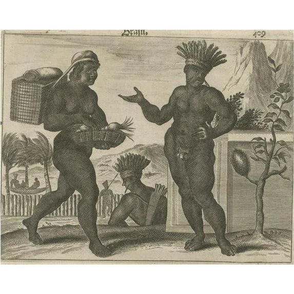 Montanus, Daily Life in Brazil, Copper Engraving, 1673 For Sale