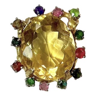 Large Citrine With Multiple Gemstones Ring 18k Yellow Gold For Sale