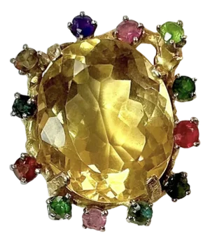 Large Citrine With Multiple Gemstones Ring 18k Yellow Gold