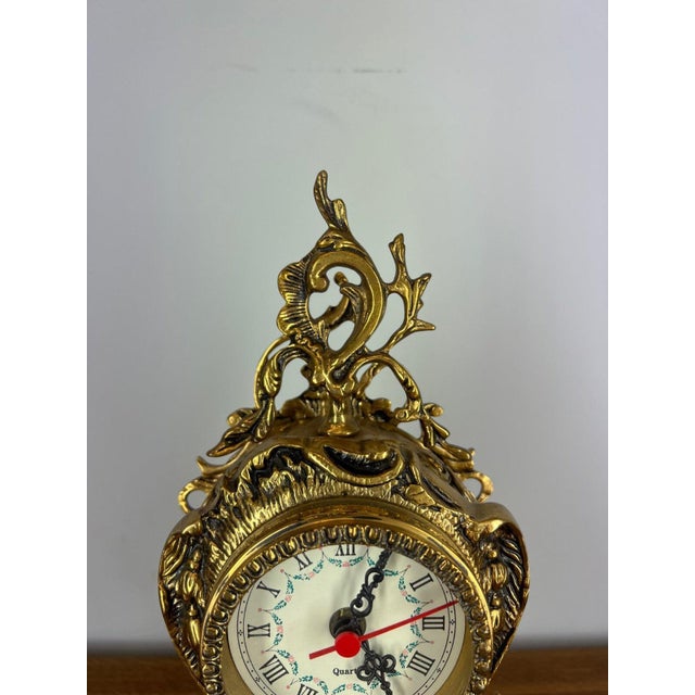 Vintage Rococo Ornate Brass Mantel Clock & 2 Candelabra Set, Set of 3 For Sale - Image 4 of 18