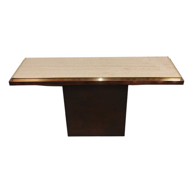 Minimalist Console in Travertine and Patinated Metal, 1970s For Sale