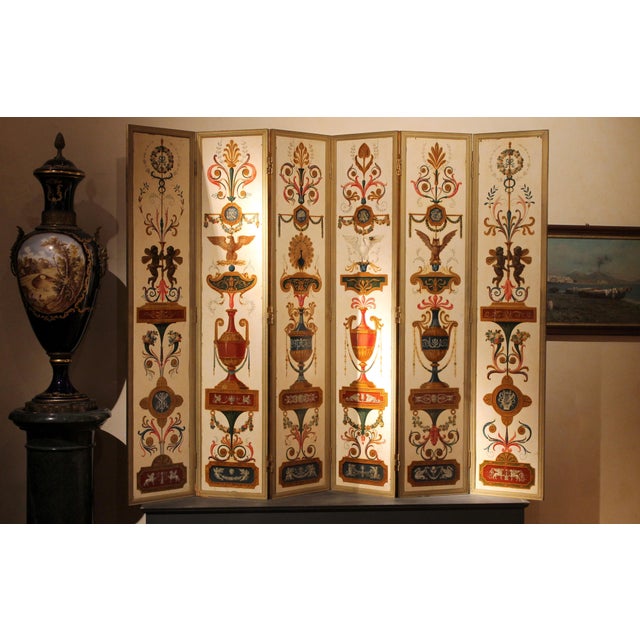 19th Century Italian Six-Panel Painted Wood Folding Screen in Gilt Bronze Frame For Sale - Image 4 of 16