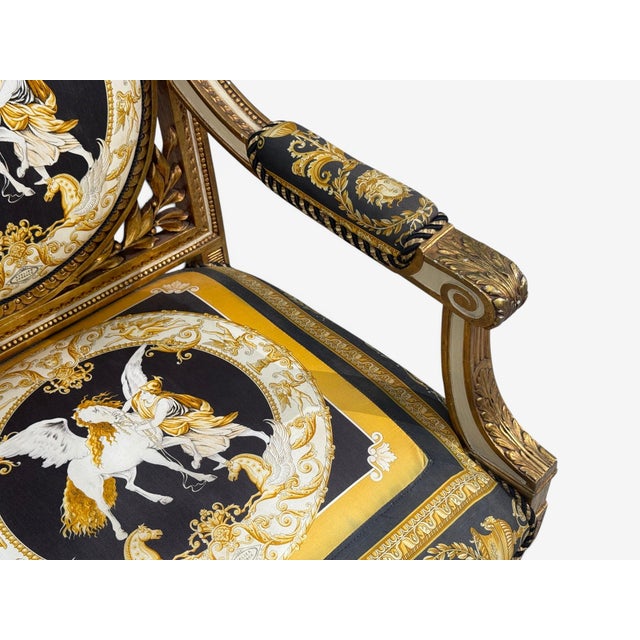 Louis Xvi, French Arm Chair, Versace Fabric, Giltwood, France, 1960s For Sale - Image 16 of 17