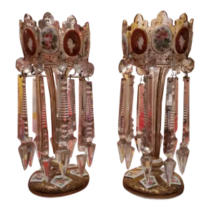 Antique Pair of Moser Bohemian Glass Overlay Lusters