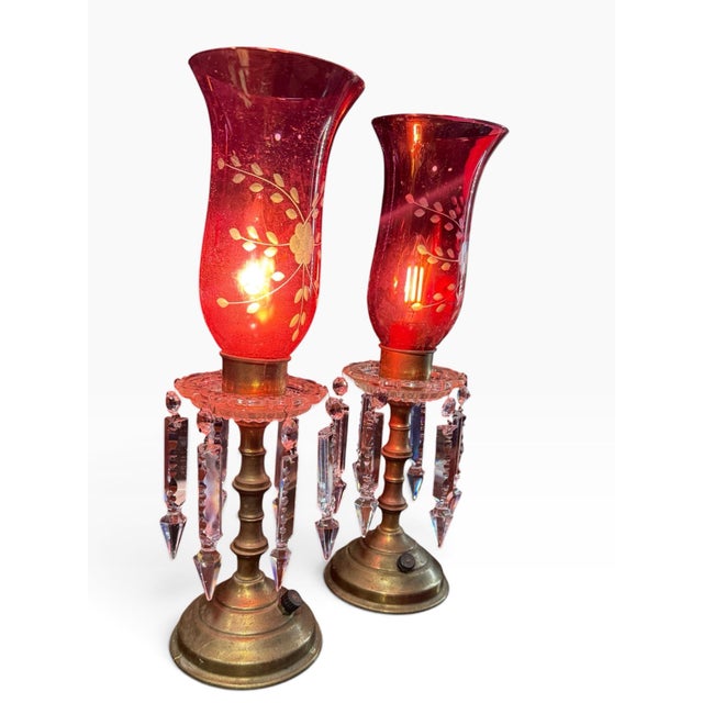 1960s Vintage Hollywood Regency Red Glass & Crystal Prism Boudoir Lamps, Pair For Sale - Image 5 of 8