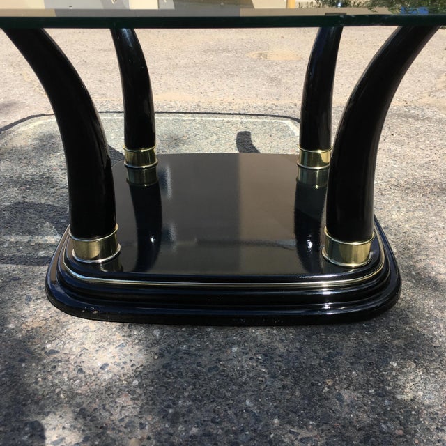 Wood Mid 20th Century Postmodern Faux Elephant Tusk Glass Top Coffee Table in Black Lacquer Manner of Henredon For Sale - Image 7 of 13