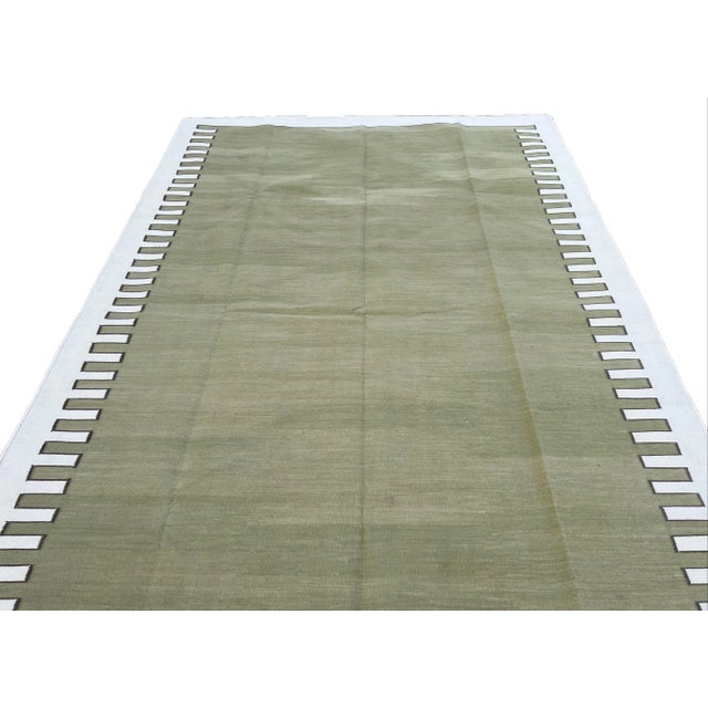 Olive Handmade Cotton Area Rug Vegetable Dyed Olive Green and White Zig Zag Striped Rug-5'x7' For Sale - Image 8 of 11