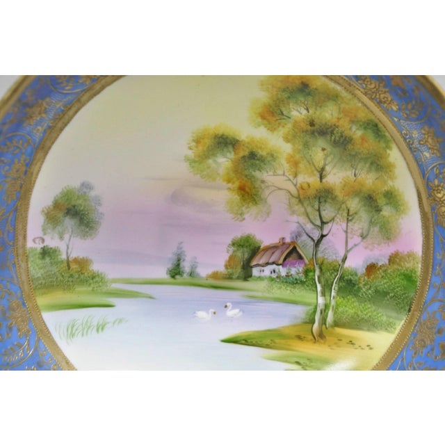 Early 20th Century Nippon Hand Painted Porcelain Blue Centerpiece Compote Bowl W/ Cottage & Geese For Sale - Image 4 of 18